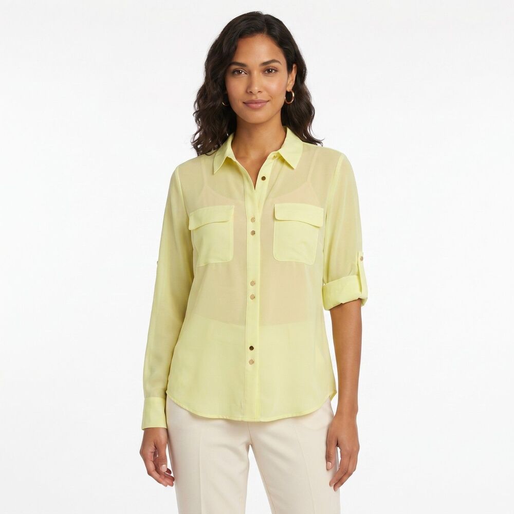 Ivanka Trump Lime Green Button Up Shirt Women L Quiet Luxury Office Blouse